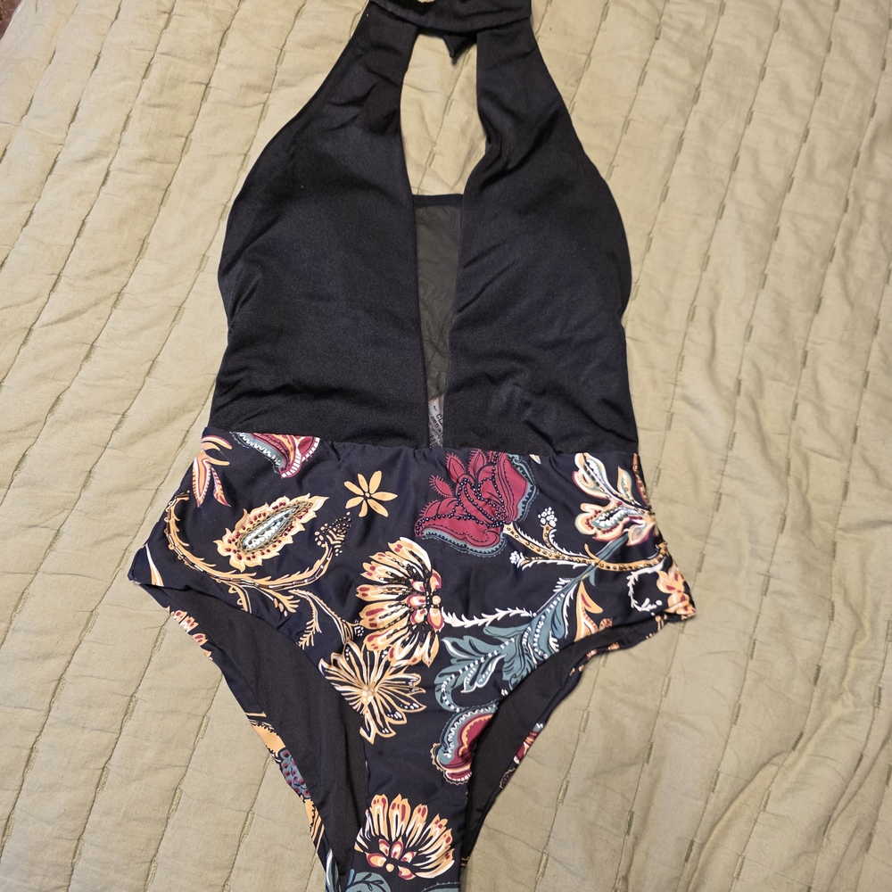Black Halter One-Piece Swimsuit with Floral Print